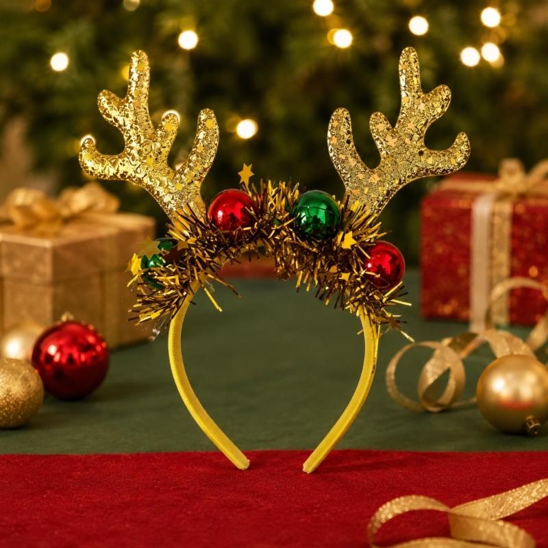Holiday Reindeer Antler Headband with Wrapped Band, Shining Tinsel Detail and Festival Ball Design for Christmas DressUp