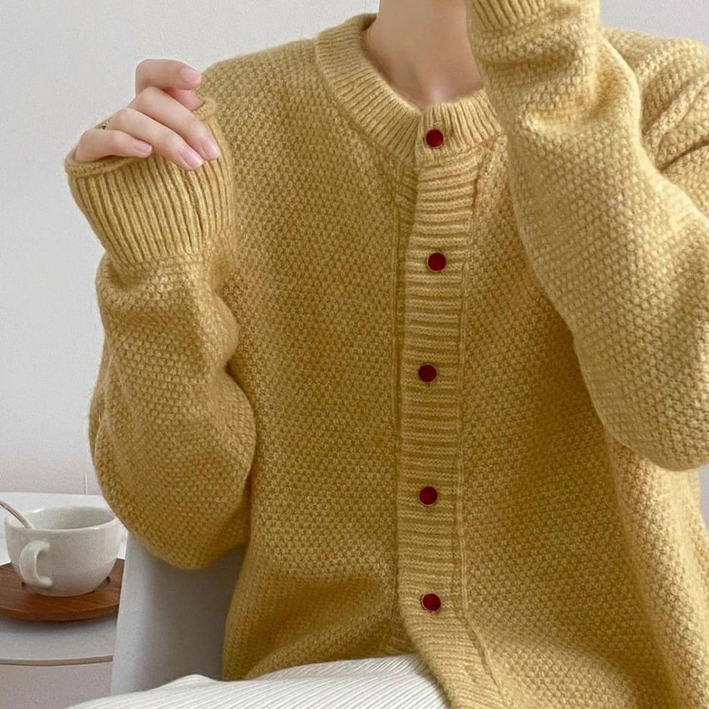 Lazy Style Round-neck Yellow Sweater Jacket for Women Spring and Autumn Knitted Cardigan Loose Solid Color Long-sleeved Casual Sweater Cardigan