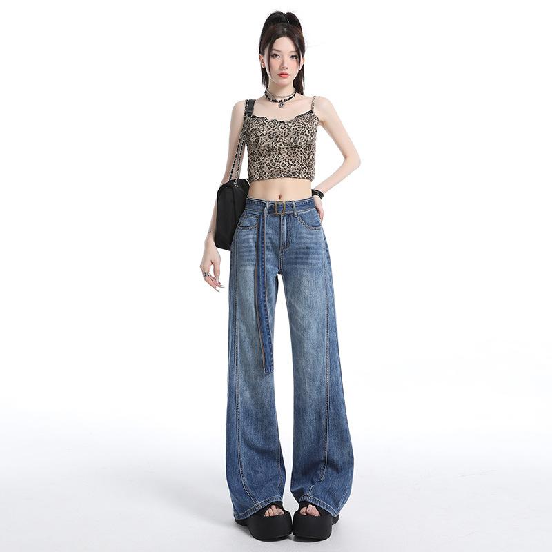 American retro lace-up micro-pull jeans women's autumn new straight loose high-waisted thin pants