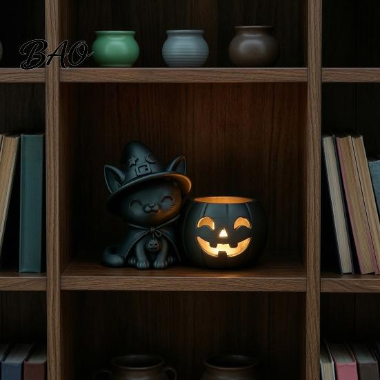 Halloween Tischdeko für Innen, Schwarze Katze Kürbis Kerzenständer, 3D Gedruckte Hexe Kerzenhalter Spukige Heimdekoration mit Teelichtbecher, Tischdekoration
