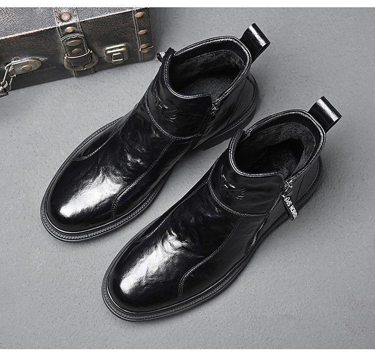 Férfi 2024 Brit Stílusú Fekete Bőr Motoros Csizma - Magasszárú, Vastag Talpú, Légáteresztő, Plusz Bársony.