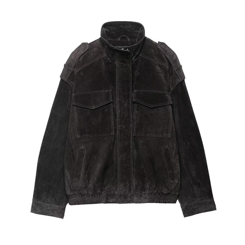 Womens Oversized Faux Leather Jacket In Vintage Streetwear Style PU Material Stand Collar Zipper Front Black Khaki