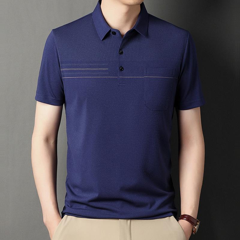 

Dad s Summer Clothing Lapel Short-sleeved T-shirt Men s Pocket Half-sleeved Tops Striped Pockets Men s Polo Shirt Men s Clothing