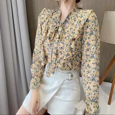 Blumendruck Süße Rüschen Bluse Shirts Frauen Kleidung Bowknot Langarm Chiffon Shirt Frühling Herbst Damen Tops