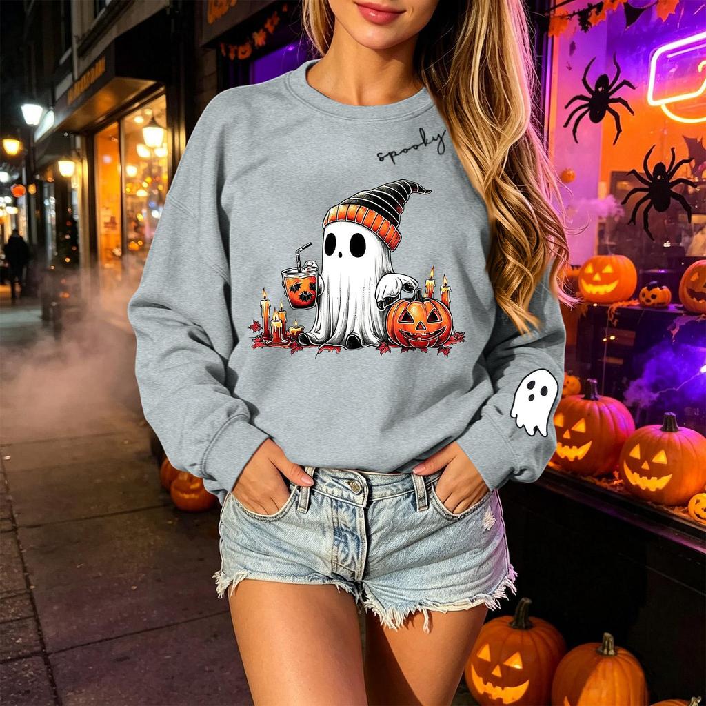 Unisex Halloween Print Long Sleeve Neck Sweatshirt, Lightweight Pullover Casual Top for Men and Women