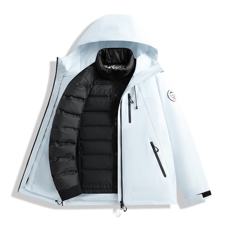 Men's and Women's Custom Outdoor Two-Piece Jacket Set: Three-in-One Shell with 90% Duck Down Lining and Print Logo.