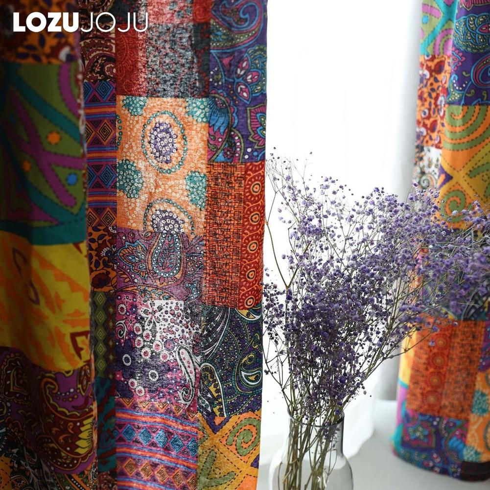 1PC LOZUJOJU Bohemian Retro Ethnic Style Cotton Linen Printed Semi Blackout Curtains for Small Window Kitchen Bedroom Living Room Balcony Home Decor