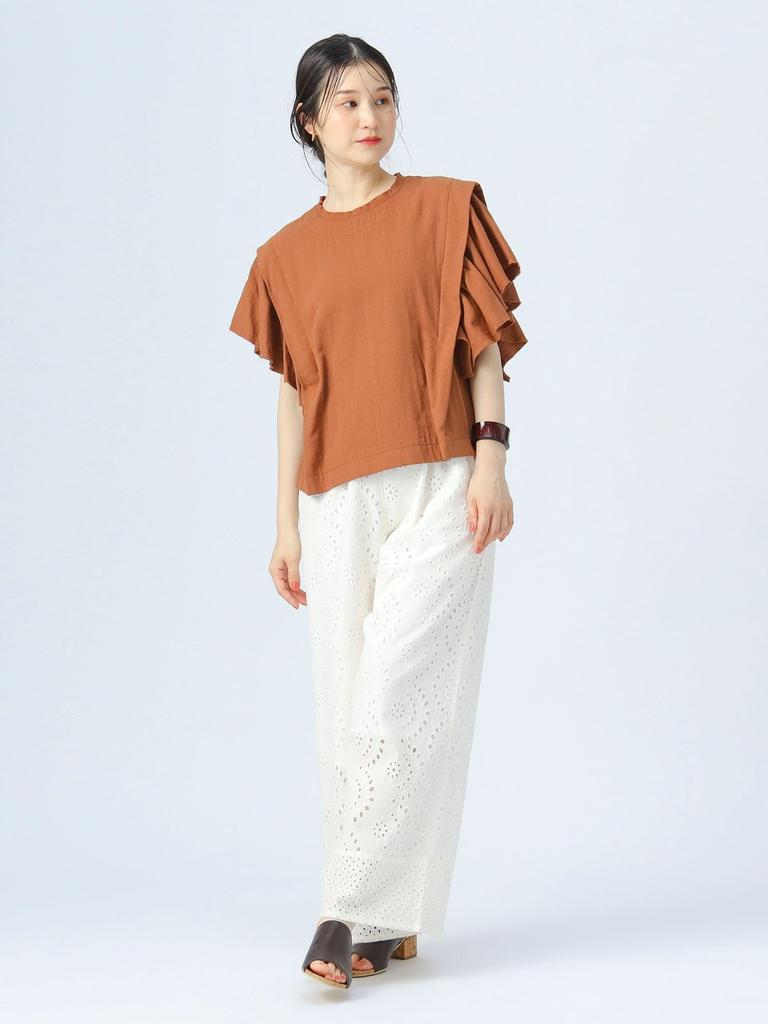 Beams Heart Twill Gauze Frill Sleeve One Size Women's S/S Blouse, Brown,