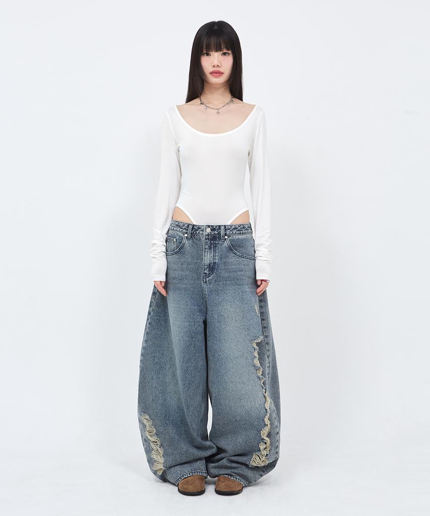 Sekeondeusolteu Balloon Damaged Denim Pants (Vintage Blue)