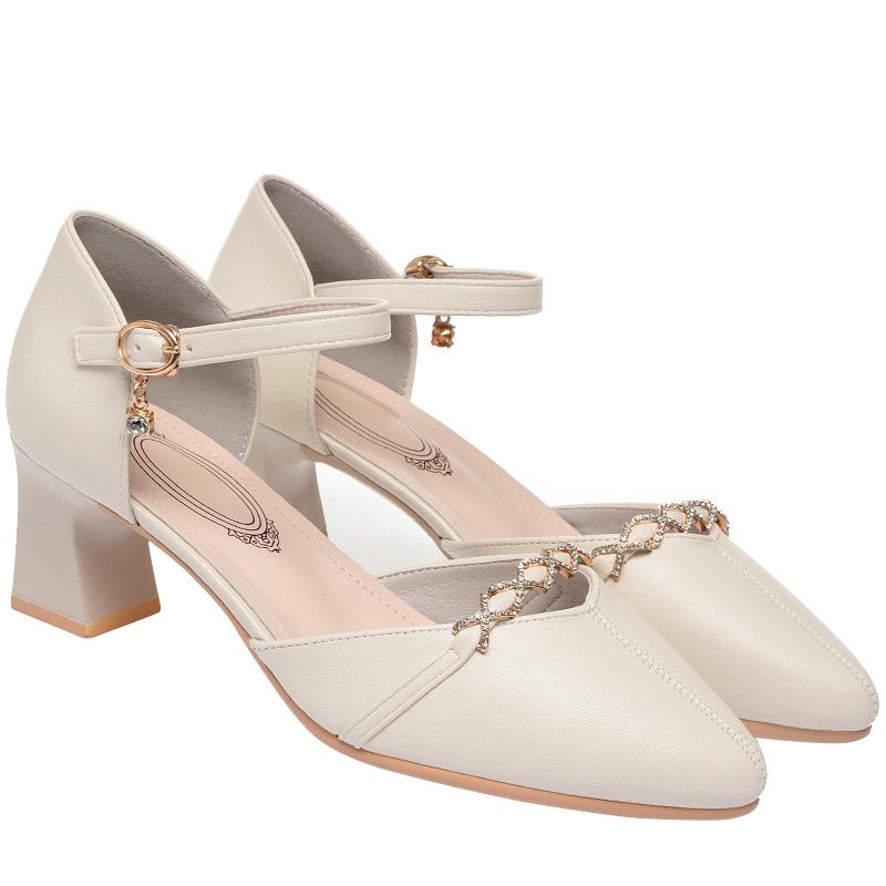 fashion Summer Fashion Elegant Beautiful Office Thick Heel Shoes For Women Cute Sweet Black Soft Sole Pumps Rhinestone Sandals Grace