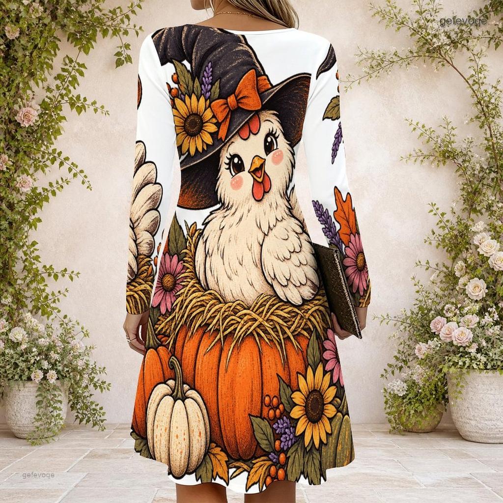 Women Criss Cross V Neck Long Sleeve Halloween Ghost Pumpkin Printed Curved Hem White Dress
