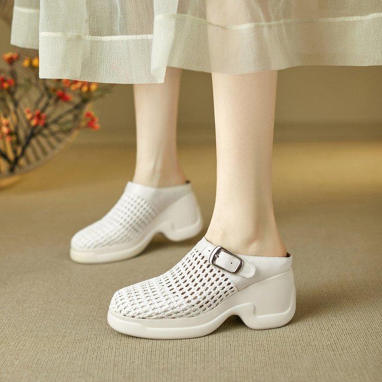 

Sheepskin version~ 8cm small man is not tired of feet, thick-soled wedges, woven hollowed-out bag head cool slippers, and wearing Muller shoes outside 35 белый