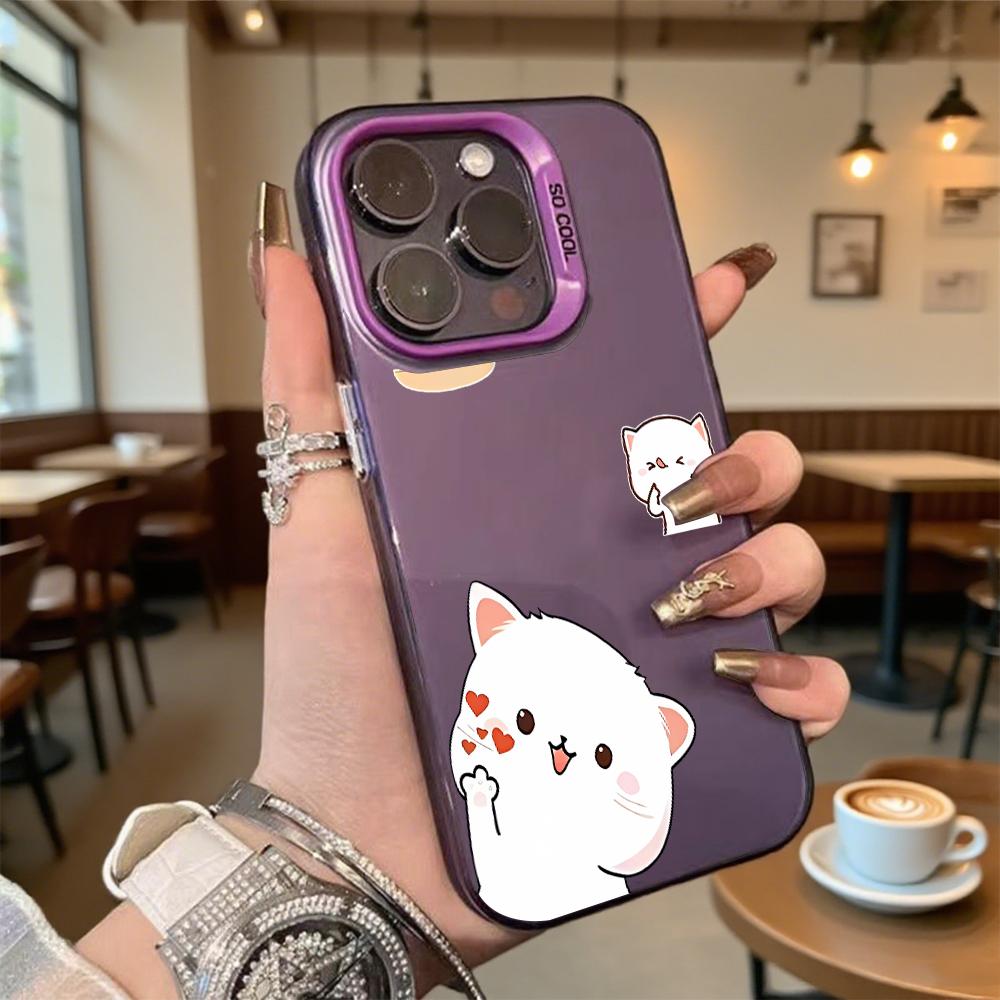 Cute White Cat Cartoons Phone Case for Iphone 16 15 14 13 12 11 Pro Max/Mini Shockproof Anti-Scratch Premium Hard Cover