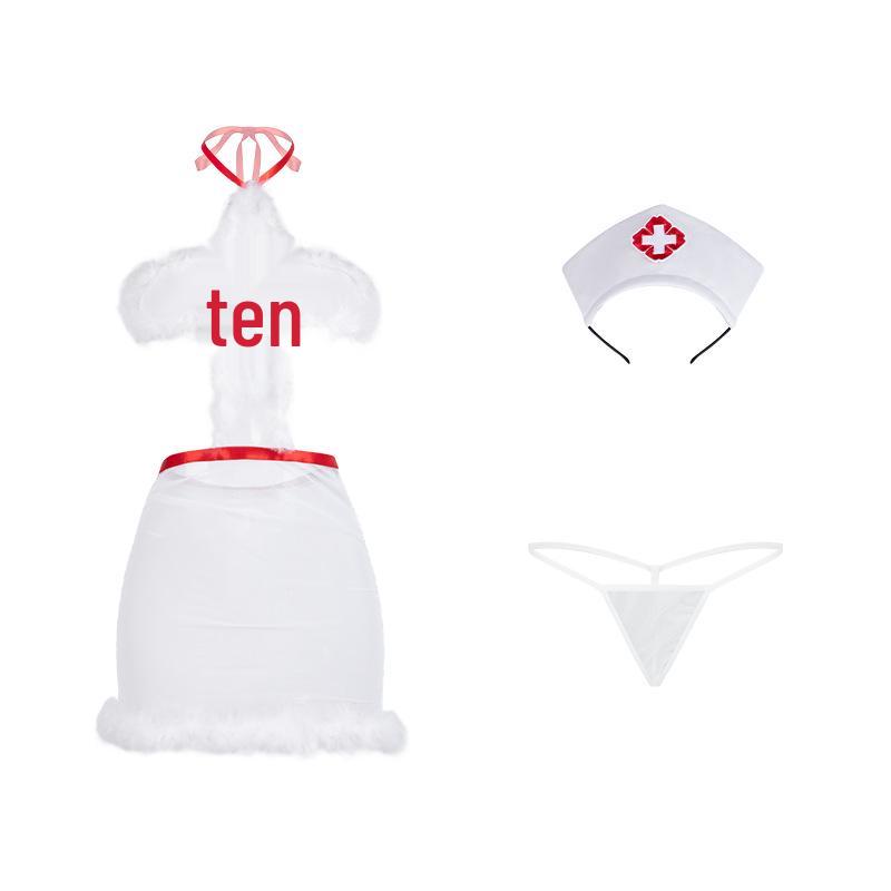 Man Yan Sexy Nurse Bodycon Mini Skirt with Halterneck Cross Back and Fringe Details.