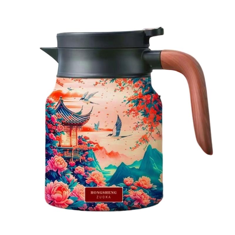 Premium Thermal Florals Teapot 1000ml Removable Infuser Stainless Steels Body And Ergonomic Wooden Handle Teas Kettle