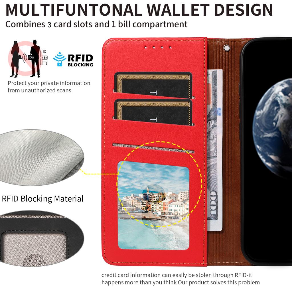 For Samsung Galaxy A25 5G (Global) (161.0 X 76.5 X 8.3mm) Case RFID Blocking PU Leather Wallet Flip Phone Cover with Wrist Strap