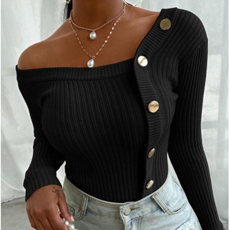 Herbst und Winter Damen einfarbig Langarm Pullover Nähte Knopf Gewinde Strumpfhosen