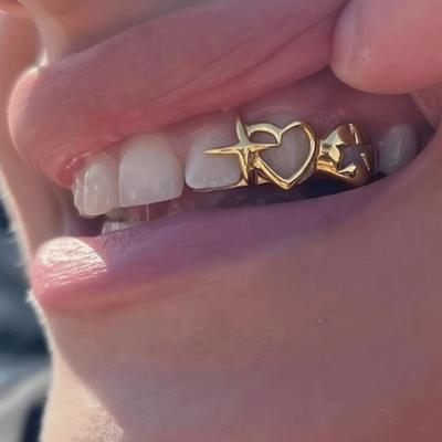 Hollow Out Heart Teeth Grillz 18K Gold-Plated Tooth Jewelry Holiday Gift Gold Tooth Cap  Rapper