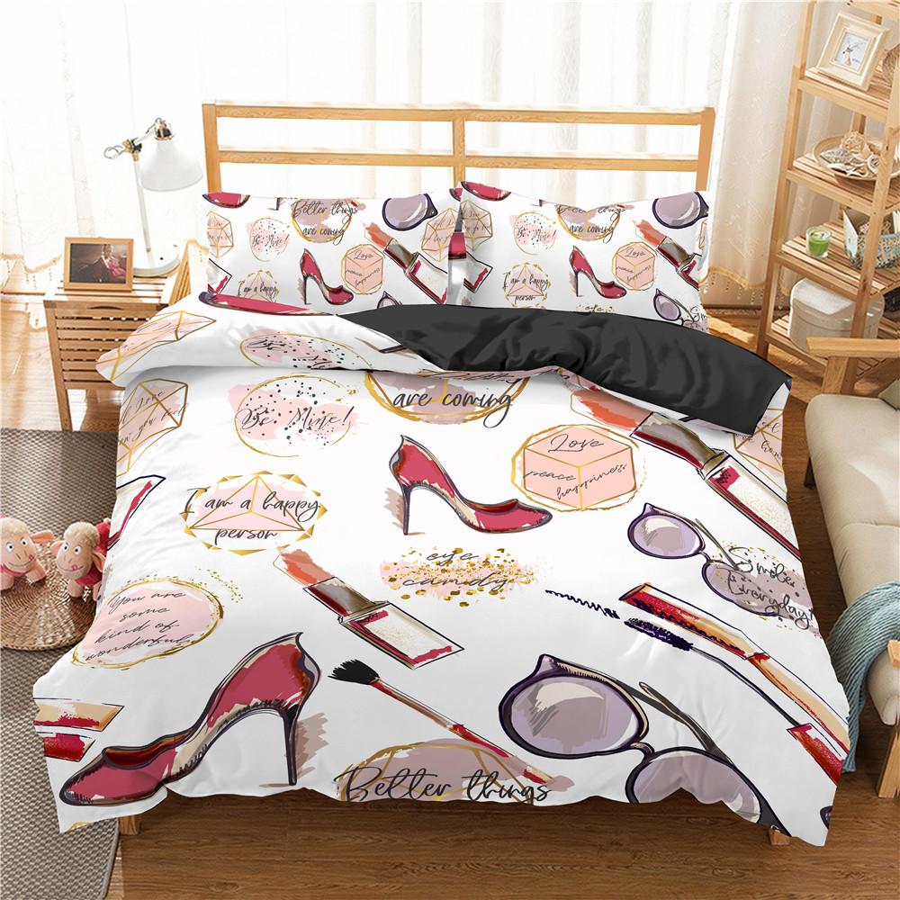 Makeup Lipstick Duvet Cover Set Cosmetic Pink Theme Polyester Comforter Cover for Girls Women Couple Bedding Set King Queen Size