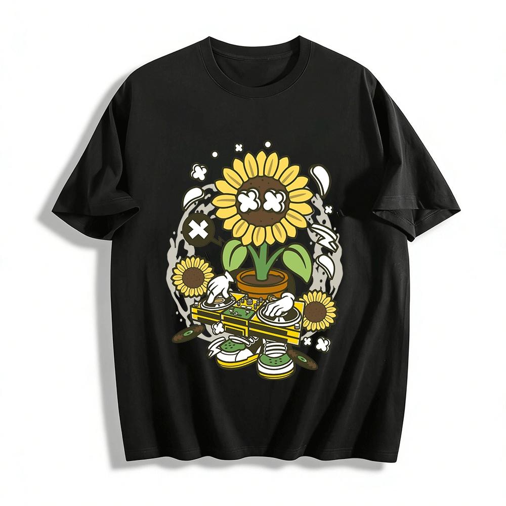Funny DJ Sunflower Turntable Graphic Casual Top Pure cotton T-shirt XXS