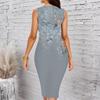 Women Plus Size Sleeveless Round Neck Midi Bodycon Dress Dark Blue Plum Branch Print Slim Fitted Dress