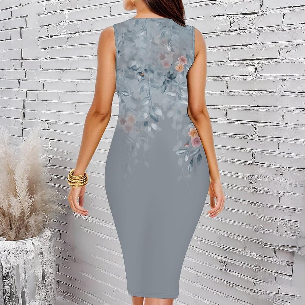 Women Plus Size Sleeveless Round Neck Midi Bodycon Dress Dark Blue Plum Branch Print Slim Fitted Dress