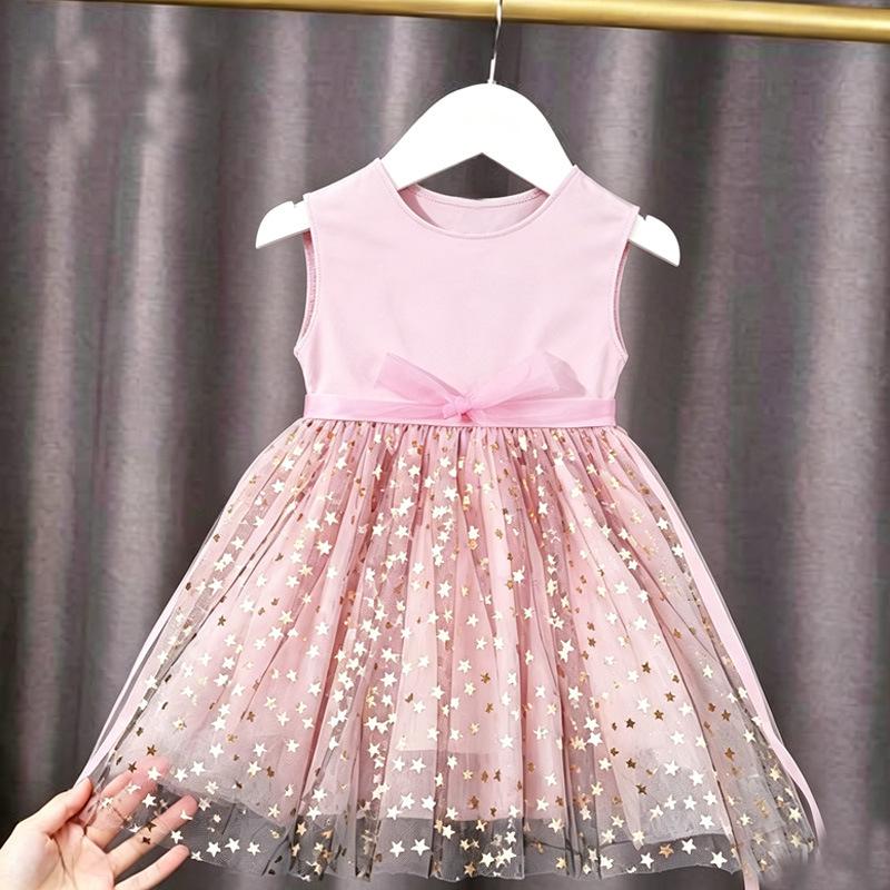 Girls' Elsa Princess Pink Star Mesh Dress - Short Sleeve Summer 2026 Edition