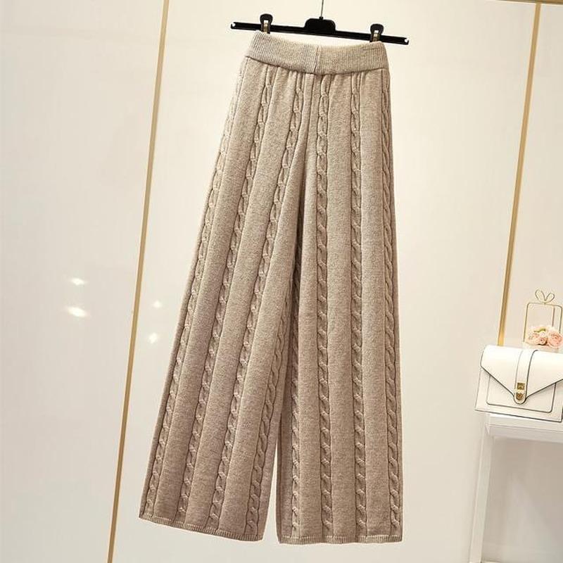 High-waist Solid Color Knitted Wide-leg Pants 2026 Autumn And Winter New Korean Twist Stripe Cropped Trousers All-match Casual