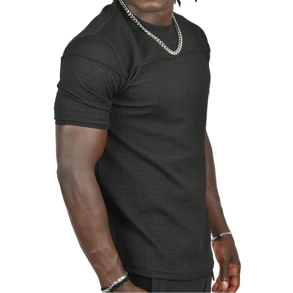 DeepSEA Önü Pileli Kabartma Nokta Desenli Waffle Kumaş Tişört 2403207