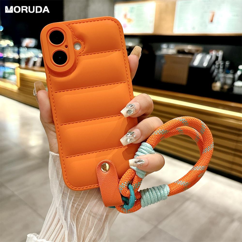 Down Jacket Hand Wrist Strap Case for For Iphone 16 1 14 13 Pro Max 12 11 X Xr Xs 7 8 Plus SE Lanyard Solid Color Soft Cover
