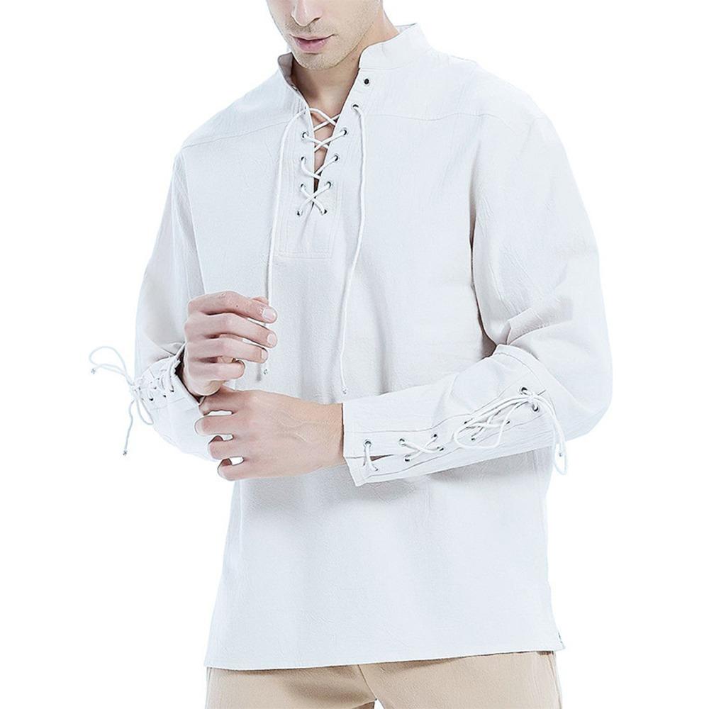 Camisas de lino para hombre, blusa informal de manga larga con cordones y cuello en V, camisetas con parte delantera fina para primavera y verano, ropa transpirable para hombre