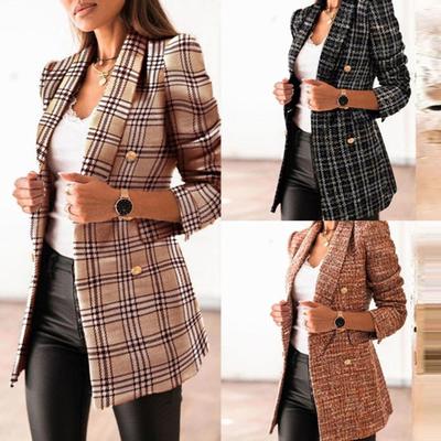 Plus Size Women Suit Blazer Jacket Casual Double-breasted Plaid Coat Slim Office Elagant Chic Fashion Lady Clothing Overcoat