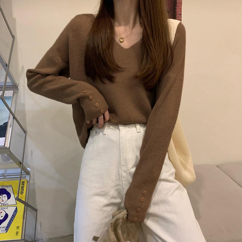 American Autumn and Winter Korean Version Loose V-neck Design Sense Pullover Long Sleeved Knitted Sweater Women's Clothing