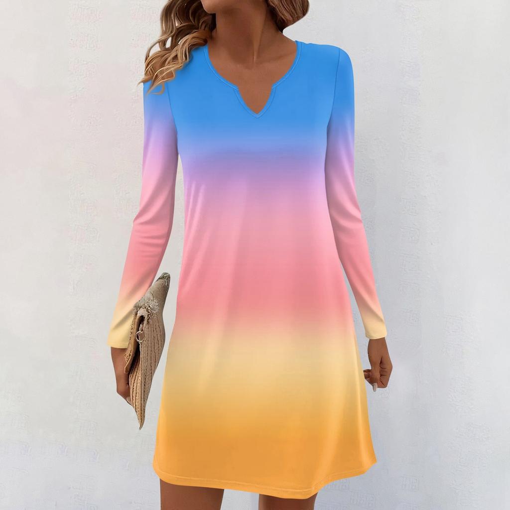 Women's Long-sleeved Casual Midi Dresses V-Neck Print  Casual Dress