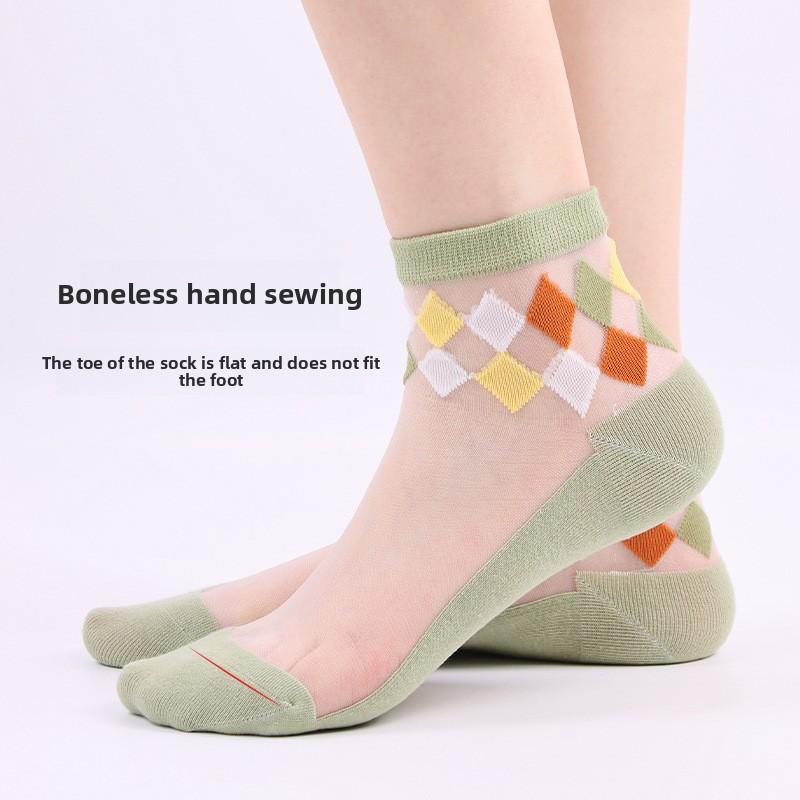 10 Pairs Women's Spring/summer Casual Argyle Flower Glass Silk Mid-tube Women's Socks Boneless Hand Sewn Crystal Silk Socks
