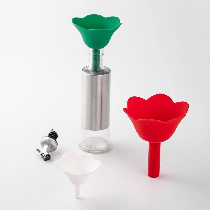 Kreativer Floraler Silikon Trichter 3 Auslaufsichere Ausgießer Mehrere Größen Spülmaschinenfest Für Flaschen Gläser Kochutensilien