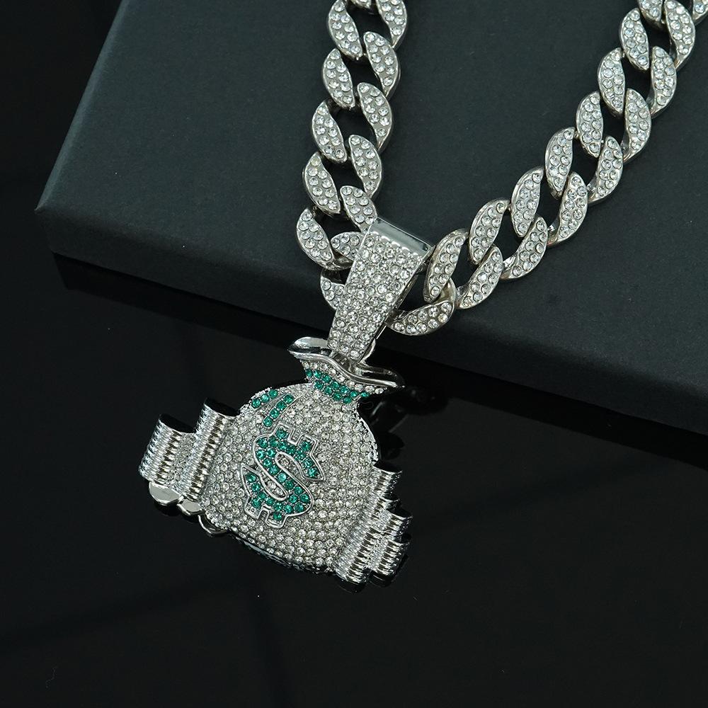 Popular diamond-encrusted money bag pendant, new alloy necklace, daily casual wear, personalized hip-hop Cuban chain.