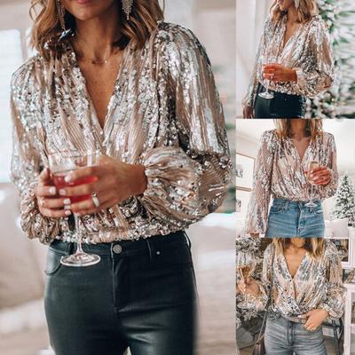 Blouse de Printemps Col V Manches Lanternes Polyester Femmes Dames Blouse Pailletée de Printemps