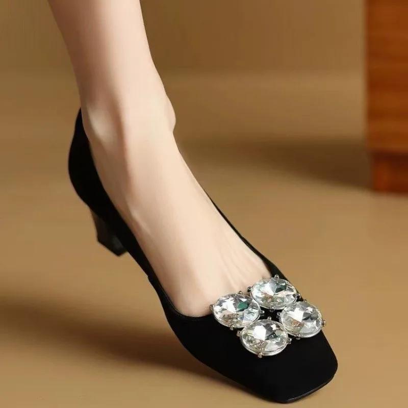 French Design Black Velvet Women Shallow Flats Square Toe Rhinestone Buckle Moccasins Brown Office Working Espadrilles