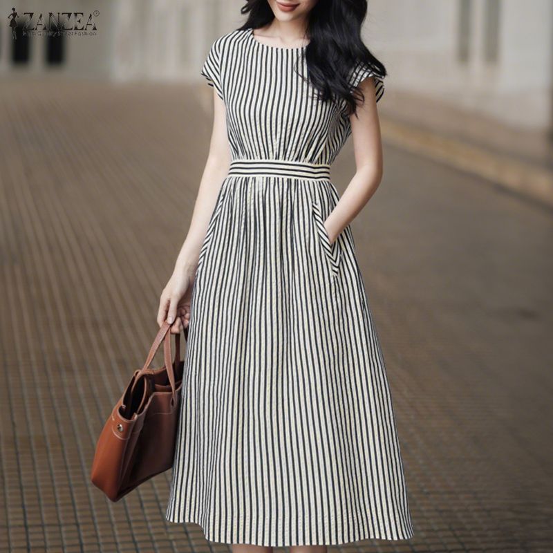 ZANZEA Rochie de vară casual pentru femei, cu gât rotund, mânecă scurtă și dungi