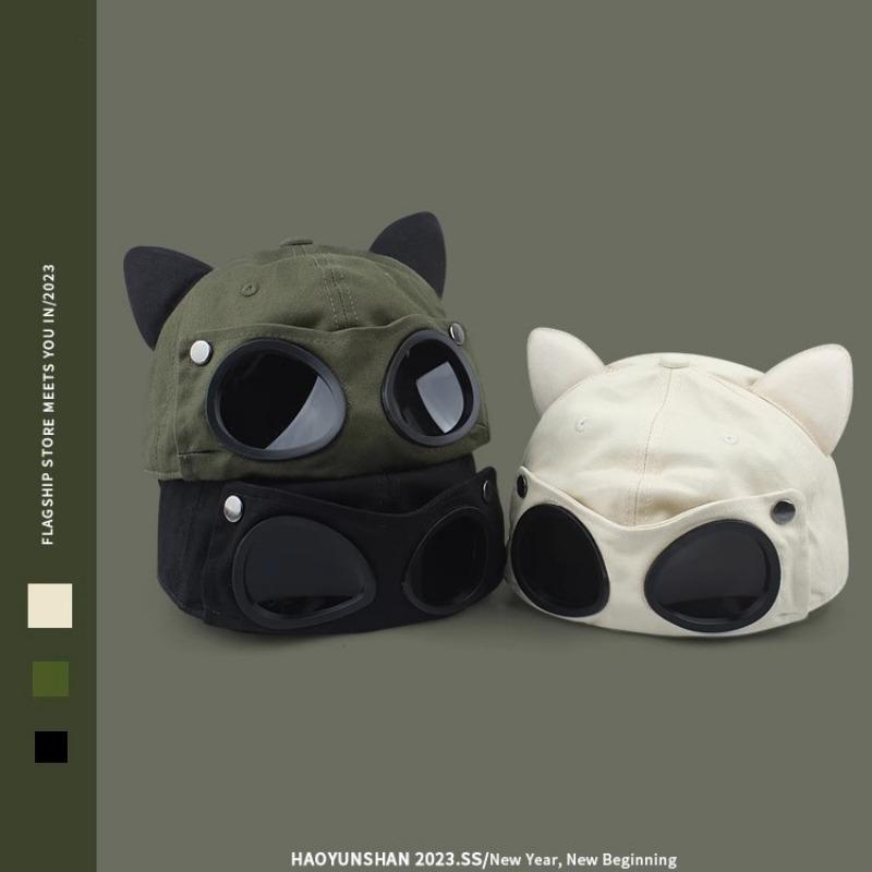 Cute cat ears pilot hat glasses baseball cap women's sunglasses cap men's big head circumference trendy brand