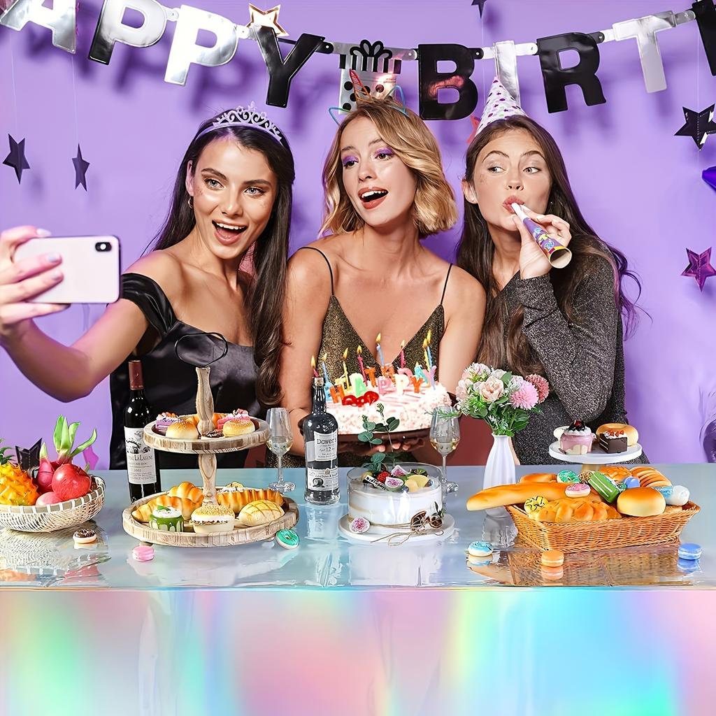 [Holographic Party Table Covers] 10-Pack Iridescent Holographic Party Table Covers - Disposable Plastic Foil Tablecloths for Celebration - Wedding