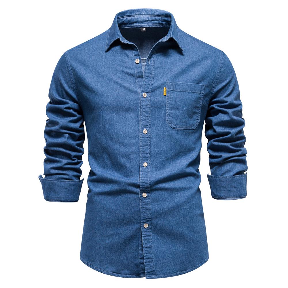 2026 Men's European Size Casual Solid Color Denim Long-Sleeve Shirt In Stock
