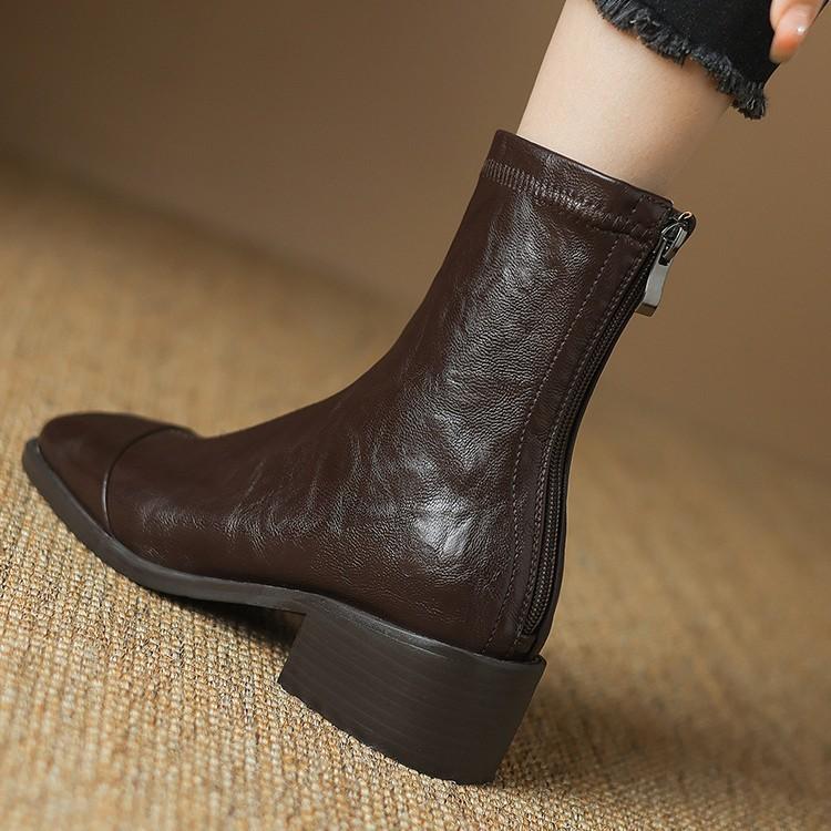 Short boots women's boots 2025 autumn and winter new leather boots with plush thick heels and elastic slimming boots