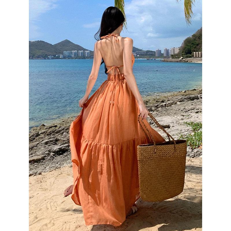 French Vacation Neck Strap Halter Dress Long Dress To Ankle Long Beach Dress Long Dress Elegant