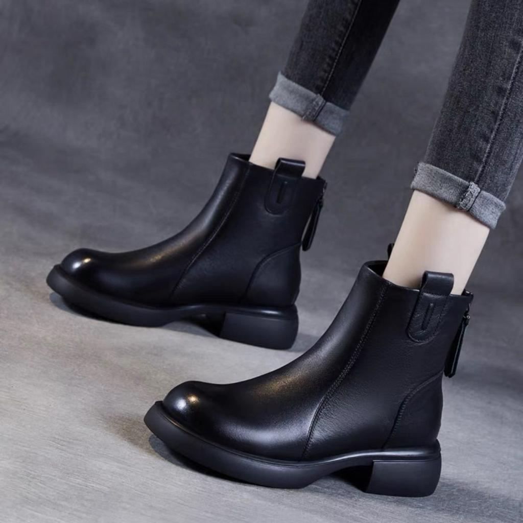 Soft Leather Thin Boots Women's 2025 New Flat-bottomed Rear Zipper Spring and Autumn Single Boots Autumn and Winter Velvet Martin Boots Cotton Shoes