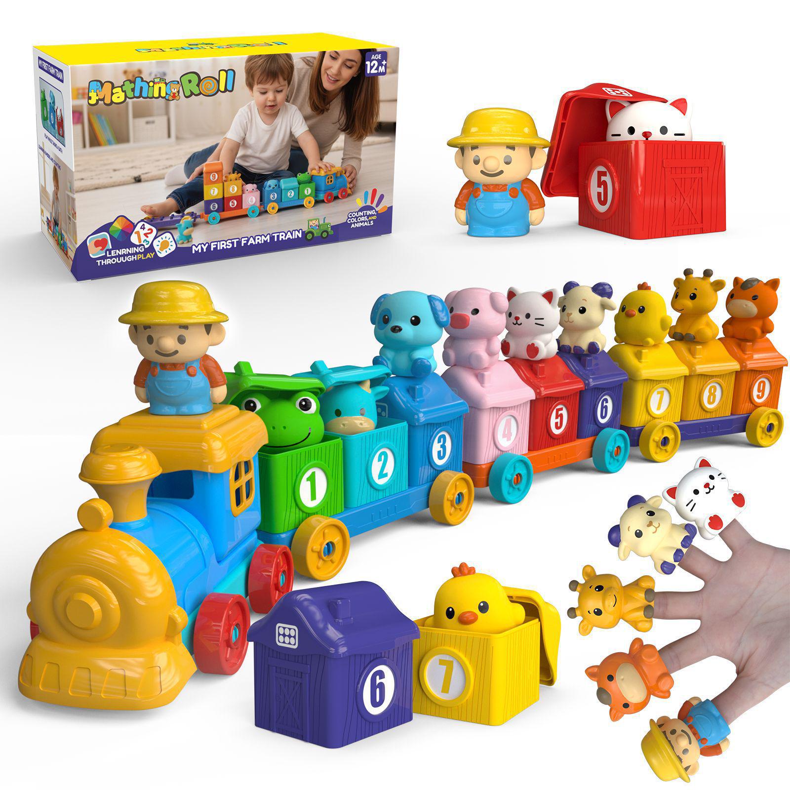 Farm Animal Cognitive Finger Puppets & Building Blocks Train - Children s Matching Toy