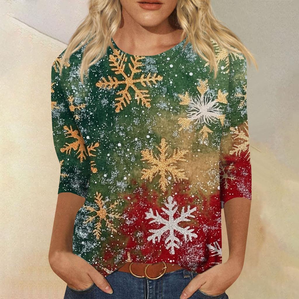 Women's Fashion Casual Seven Sleeve Christmas Printed Round Neck Top