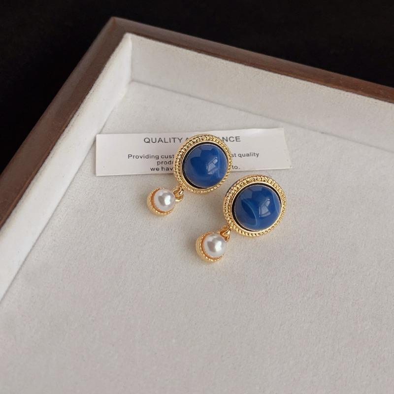 Haze blue oil drop earrings female silver needle retro literary fashion temperament earrings niche high-end autumn and winter earrings