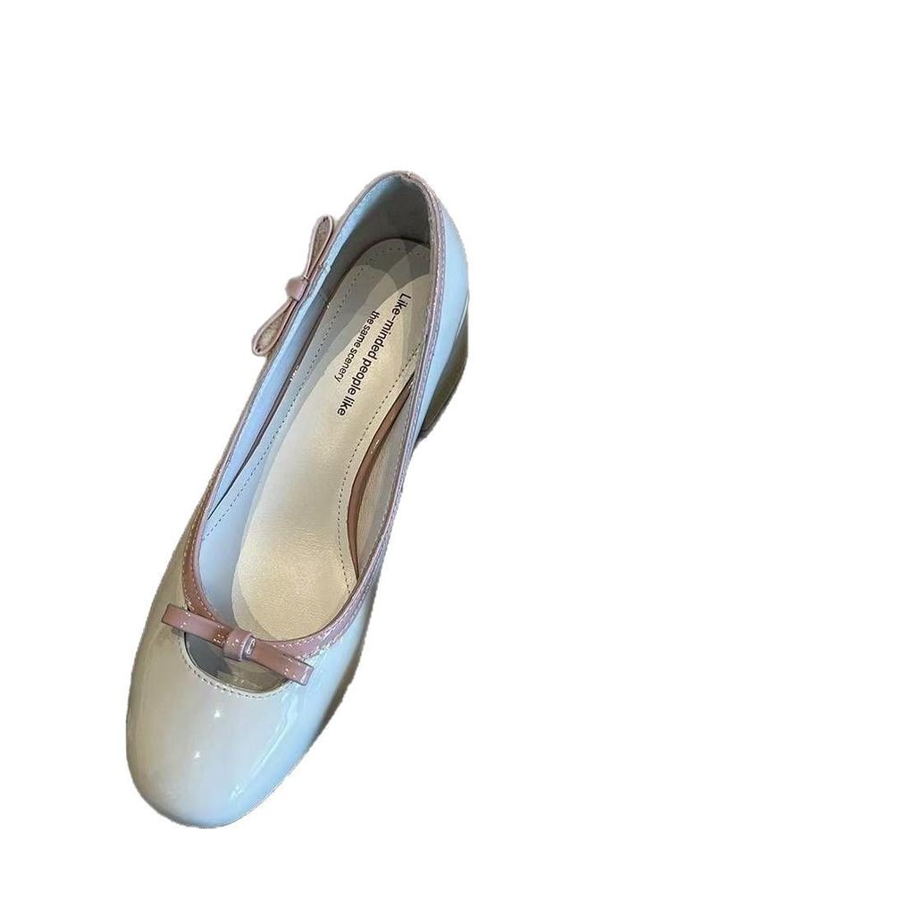 Dicker Absatz Mary Jane 2025 Französische helle Lederschuhe mit leichtem Mund, einzelne Schuhe mit nackter Schleife, Arbeitsschuhe mit weicher Sohle, mittlerer Absatz, kleine Lederschuhe